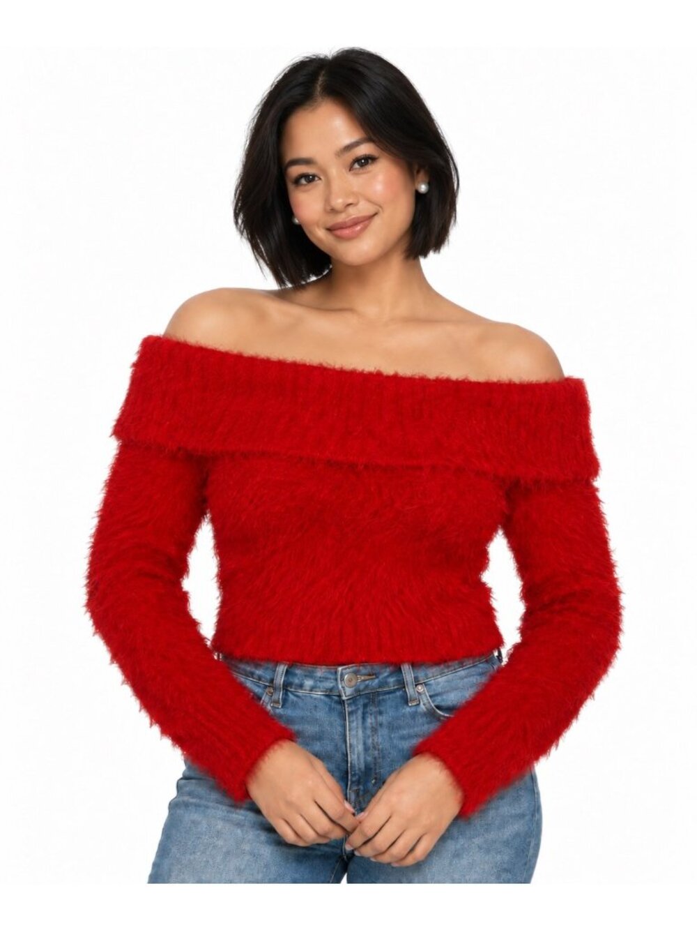 Forever 21 Sweater Large Red Fuzzy Eyelash Off Shoulder Cropped Holiday Y2K Glam